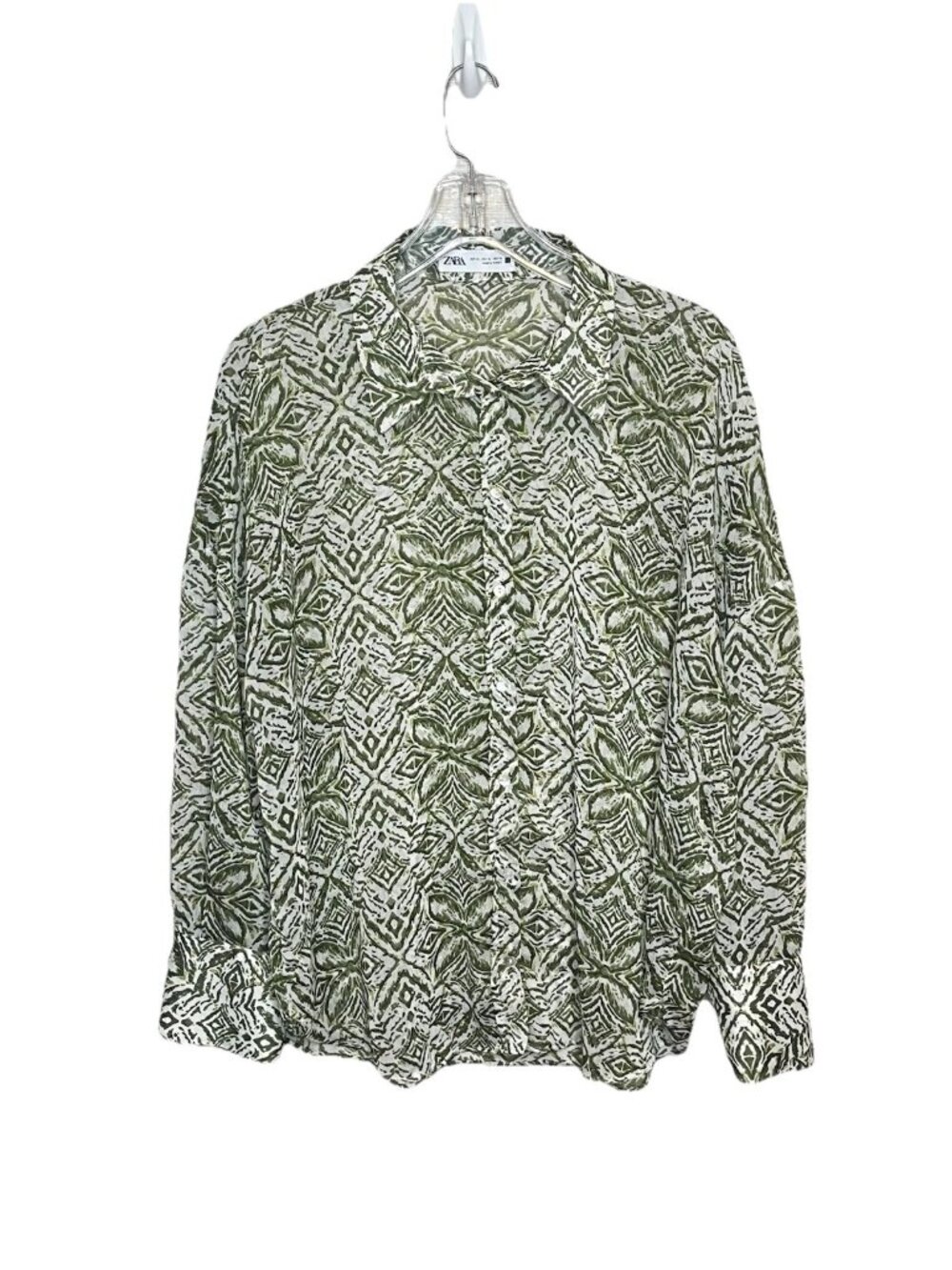 Zara XL Green Abstract Print Button Front Shirt Long Sleeve Relaxed Lightweight